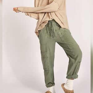 Free People Olive Green Feelin’ Good Utility Pull On Linen Drawstring Pants